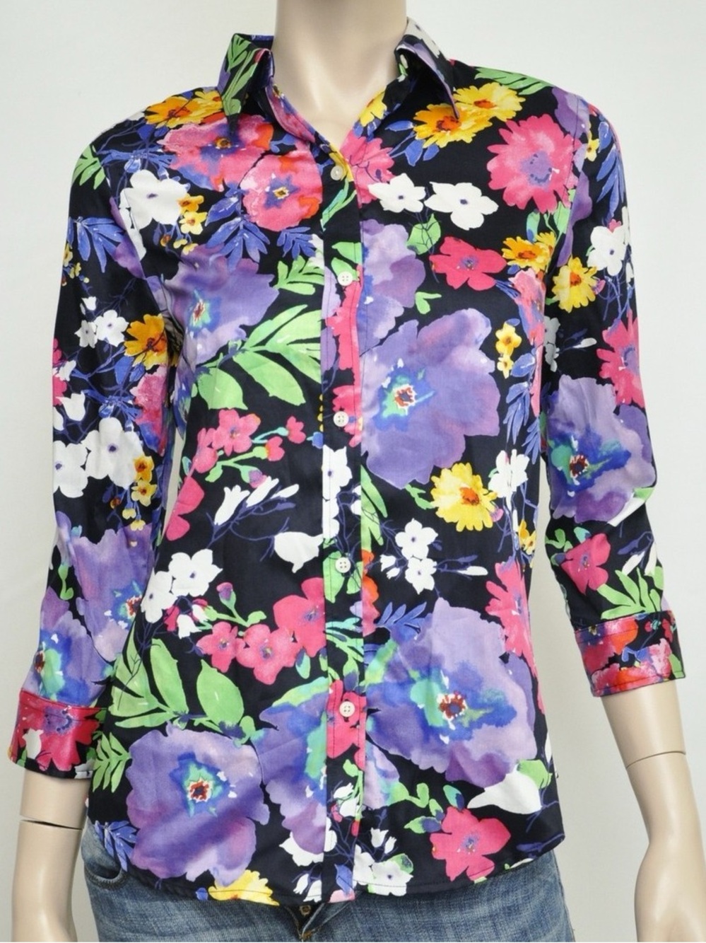 Ralph Lauren Floral Button Up Shirt 1X 100% Cotton 3/4 Sleeve Classic Blouse